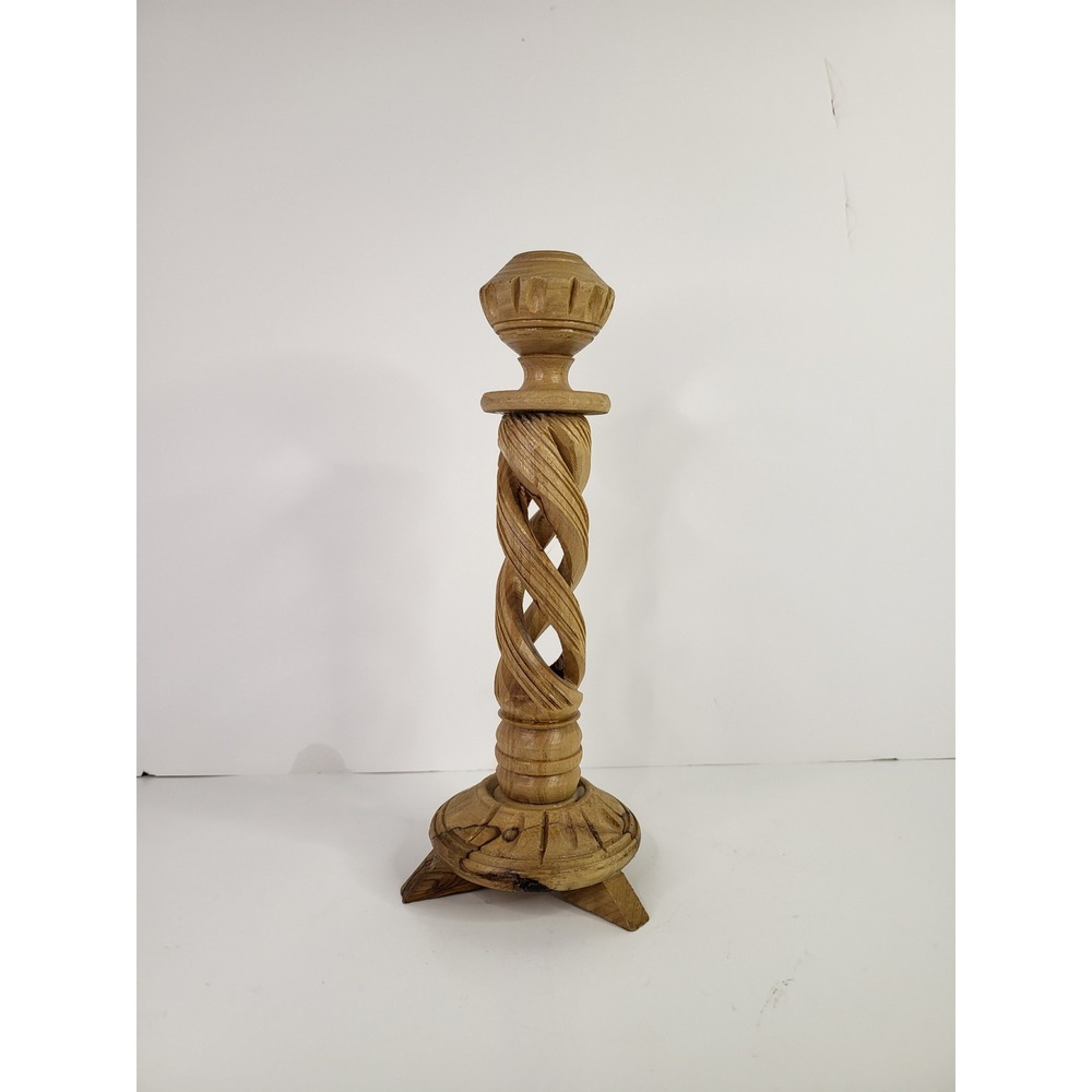 Vintage Hand Carved Wood Barley Twist Candlestick Holder Tripod Base 8.5 Inch
